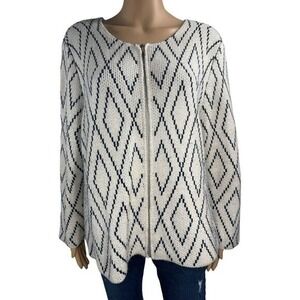 Vintage North Style Zip Up Cardigan 1X White Patterned Knit Sweater